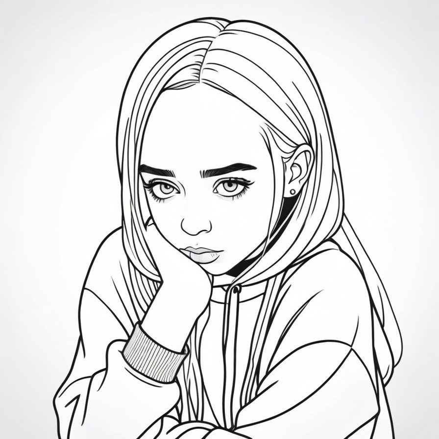 'Billie's Thoughtful Moment' captures a quieter, introspective side of Billie Eilish in cartoon form, offering colorists the chance to engage with a more subdued and reflective image. This coloring page is ideal for those who appreciate moments of contemplation and the subtle expressions of emotion in art.