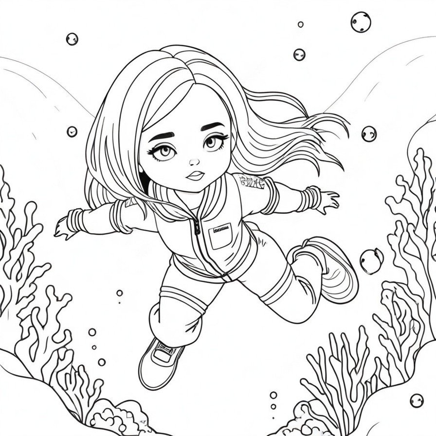 'Billie's Underwater Concert' transports colorists to a mystical underwater world where Billie performs a surreal concert for a marine audience. This coloring page combines the magic of music with the enchantment of the ocean, offering a unique and imaginative coloring challenge.