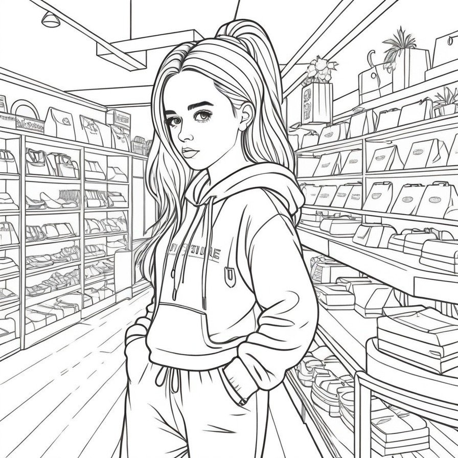 'Billie's Vintage Shopping' explores the eclectic and fashionable world of vintage shopping with Billie Eilish. This coloring page is great for those who love fashion and detailed scenes.