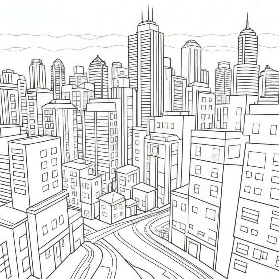 The 'Cityscape' coloring page offers a dramatic and expansive view of an urban skyline at dusk. This scene invites colorists to delve into the contrasts between light and shadow, capturing the bustling energy of city life in a moment of visual calm. It's an excellent choice for those who love urban themes and enjoy reflecting on the transitions between day and night.