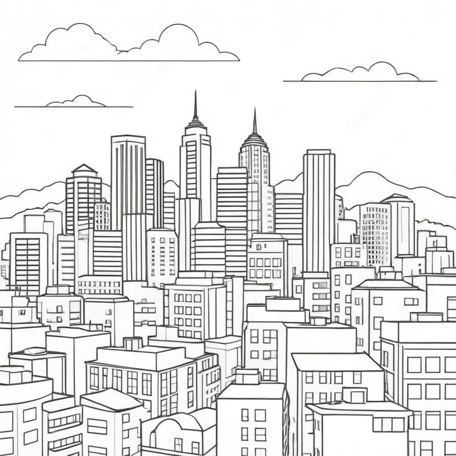 The 'Cityscape' coloring page offers a dramatic and expansive view of an urban skyline at dusk. This scene invites colorists to delve into the contrasts between light and shadow, capturing the bustling energy of city life in a moment of visual calm. It's an excellent choice for those who love urban themes and enjoy reflecting on the transitions between day and night.