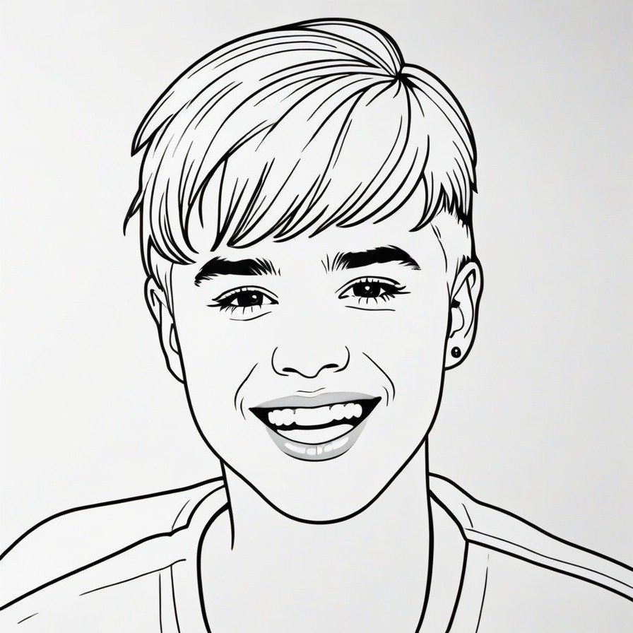 'Justin's Radiant Laugh' captures a burst of joy and spontaneity, showcasing Justin Bieber's lighter, carefree side. This portrait is an invitation to share in his happiness, providing a delightful and uplifting coloring experience.