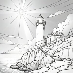 'Lighthouse Watch' presents a tranquil nighttime ocean scene centered around a lighthouse. The minimalist design focuses on the stark contrast between the lighthouse's strong light beam and the gentle, undulating ocean, providing a soothing coloring experience that's perfect for winding down after a long day.