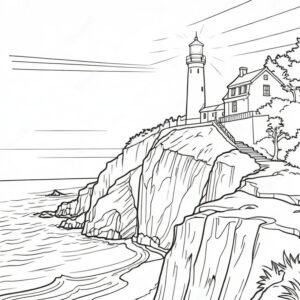 'Lighthouse Watch' presents a tranquil nighttime ocean scene centered around a lighthouse. The minimalist design focuses on the stark contrast between the lighthouse's strong light beam and the gentle, undulating ocean, providing a soothing coloring experience that's perfect for winding down after a long day.