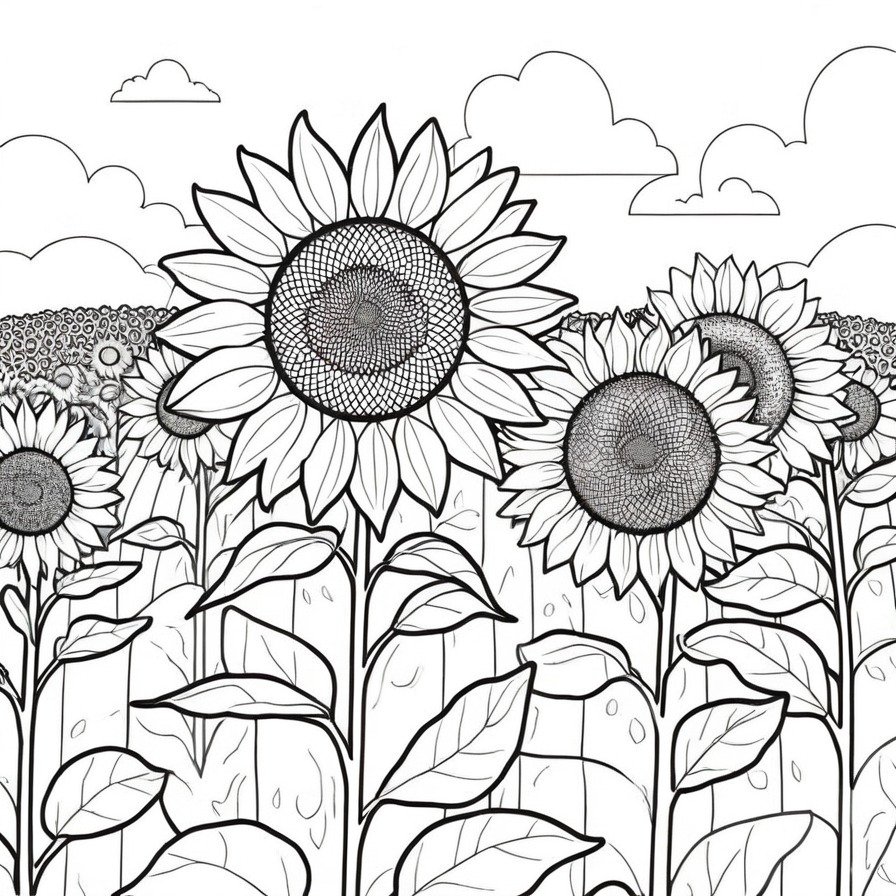 The 'Sunflower Field' coloring page captures the essence of summer with its portrayal of vibrant sunflowers under a clear sky. This page encourages creativity in shading and texture, providing a joyful and sunny artistic escape for colorists of all ages.