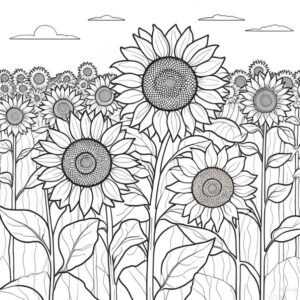 The 'Sunflower Field' coloring page captures the essence of summer with its portrayal of vibrant sunflowers under a clear sky. This page encourages creativity in shading and texture, providing a joyful and sunny artistic escape for colorists of all ages.