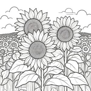 The 'Sunflower Field' coloring page captures the essence of summer with its portrayal of vibrant sunflowers under a clear sky. This page encourages creativity in shading and texture, providing a joyful and sunny artistic escape for colorists of all ages.