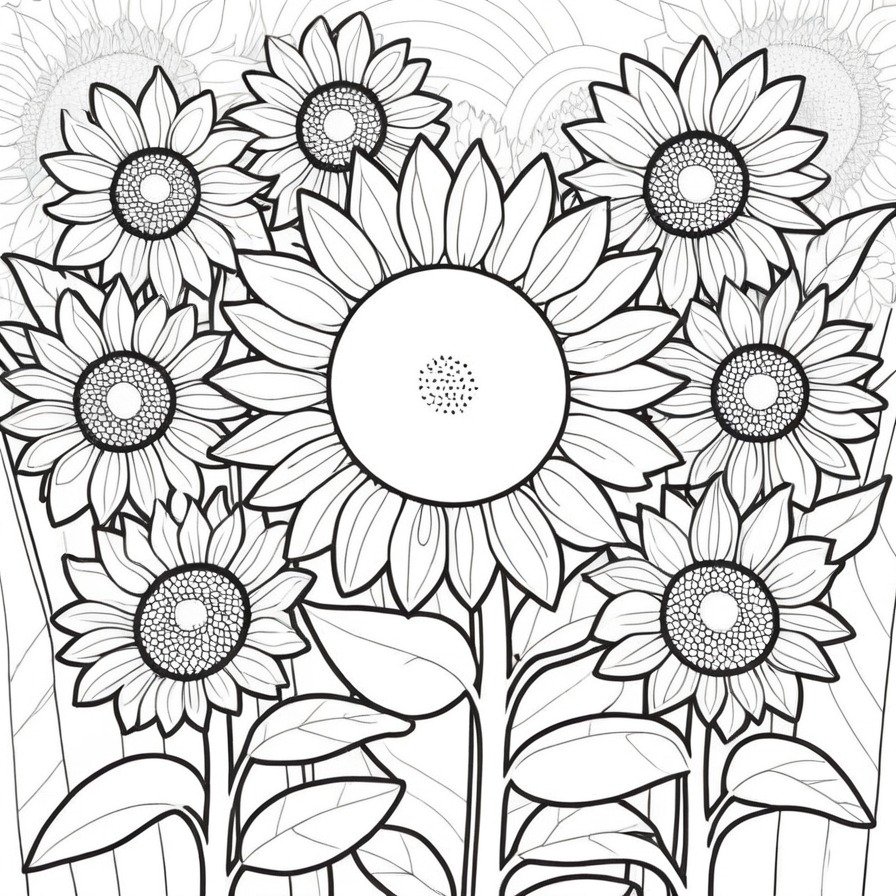 The 'Sunflower Field' coloring page captures the essence of summer with its portrayal of vibrant sunflowers under a clear sky. This page encourages creativity in shading and texture, providing a joyful and sunny artistic escape for colorists of all ages.