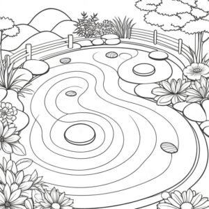 'Zen Garden' offers a moment of calm in a busy world, inviting colorists to engage with a scene of minimalist beauty. This page is ideal for those seeking a meditative coloring activity, emphasizing the therapeutic benefits of simple, mindful art.