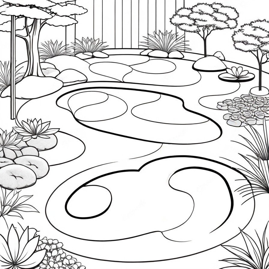 'Zen Garden' offers a moment of calm in a busy world, inviting colorists to engage with a scene of minimalist beauty. This page is ideal for those seeking a meditative coloring activity, emphasizing the therapeutic benefits of simple, mindful art.