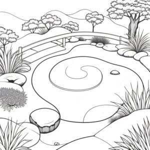 'Zen Garden' offers a moment of calm in a busy world, inviting colorists to engage with a scene of minimalist beauty. This page is ideal for those seeking a meditative coloring activity, emphasizing the therapeutic benefits of simple, mindful art.