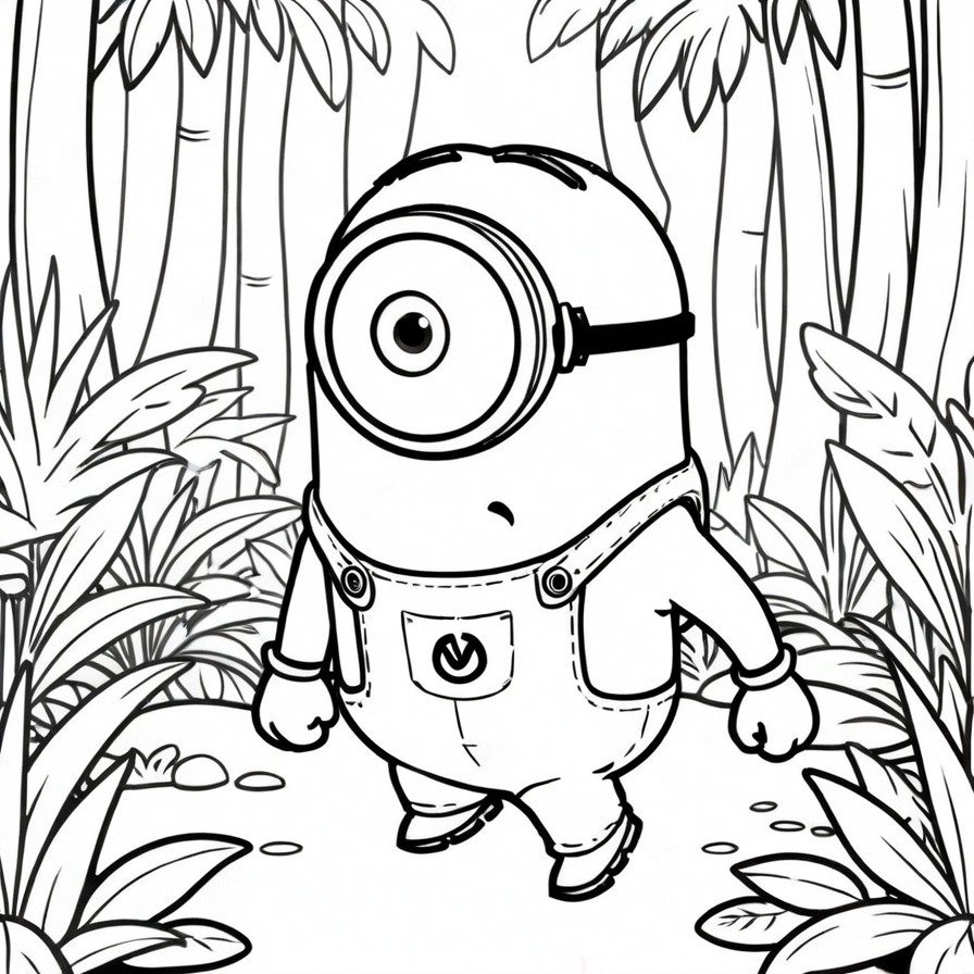 'Minion Adventure' captures the essence of an exciting jungle adventure with a minion at the center. Perfect for young colorists who want to bring the minion's adventure to life with their own creativity. The simple background makes it easy to focus on the minion and provides a fun and engaging coloring project. The minion's joyful expression and the adventurous setting invite kids to imagine and create their own stories as they color. This design ensures that the main character remains the highlight, making it an ideal addition to any coloring book collection aimed at fans of the beloved Minions.