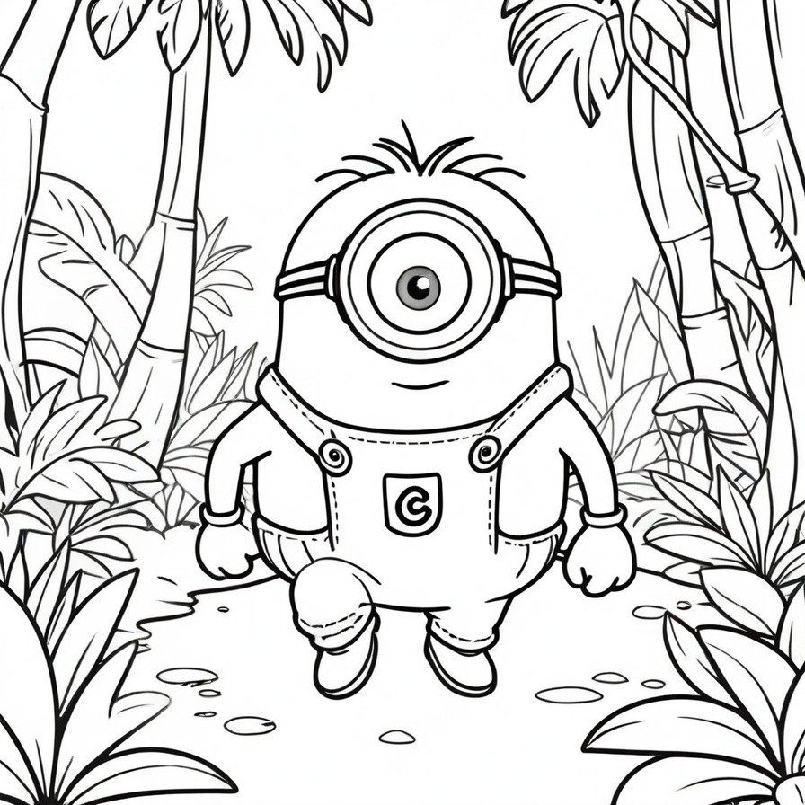 'Minion Adventure' captures the essence of an exciting jungle adventure with a minion at the center. Perfect for young colorists who want to bring the minion's adventure to life with their own creativity. The simple background makes it easy to focus on the minion and provides a fun and engaging coloring project. The minion's joyful expression and the adventurous setting invite kids to imagine and create their own stories as they color. This design ensures that the main character remains the highlight, making it an ideal addition to any coloring book collection aimed at fans of the beloved Minions.