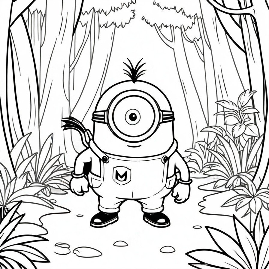 'Minion Adventure' captures the essence of an exciting jungle adventure with a minion at the center. Perfect for young colorists who want to bring the minion's adventure to life with their own creativity. The simple background makes it easy to focus on the minion and provides a fun and engaging coloring project. The minion's joyful expression and the adventurous setting invite kids to imagine and create their own stories as they color. This design ensures that the main character remains the highlight, making it an ideal addition to any coloring book collection aimed at fans of the beloved Minions.